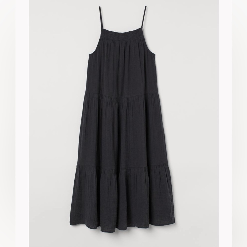 H&M Crinkle Cotton Gauze Smocked Sun Dress Charcoal Dark Gray Size Large